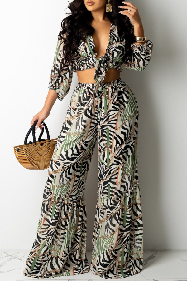 Colour Sexy Casual Print Bandage V Neck Three Quarter Two Pieces
