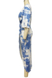 Light Blue Elegant Print Tie Dye Split Joint Fold Asymmetrical V Neck Straight Dresses