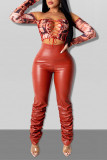 Brown Fashion Casual Solid Fold Regular High Waist Trousers