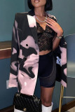Red Casual Print Patchwork Buckle Turn-back Collar Outerwear