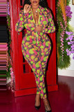 Green Sexy Print Patchwork Zipper Collar Skinny Jumpsuits
