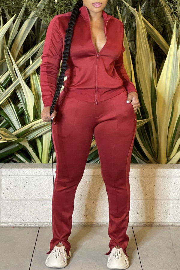 Red Fashion Casual Solid Patchwork Slit Zipper Collar Long Sleeve Two Pieces
