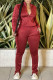 Red Fashion Casual Solid Patchwork Slit Zipper Collar Long Sleeve Two Pieces