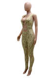 Khaki Sexy Casual Print Hollowed Out V Neck Skinny Jumpsuits