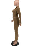 Camel Fashion Casual Solid Bandage Turndown Collar Long Sleeve Two Pieces