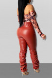 Brown Fashion Casual Solid Fold Regular High Waist Trousers