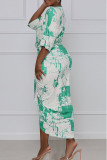 Green Elegant Print Tie Dye Split Joint Fold Asymmetrical V Neck Straight Dresses