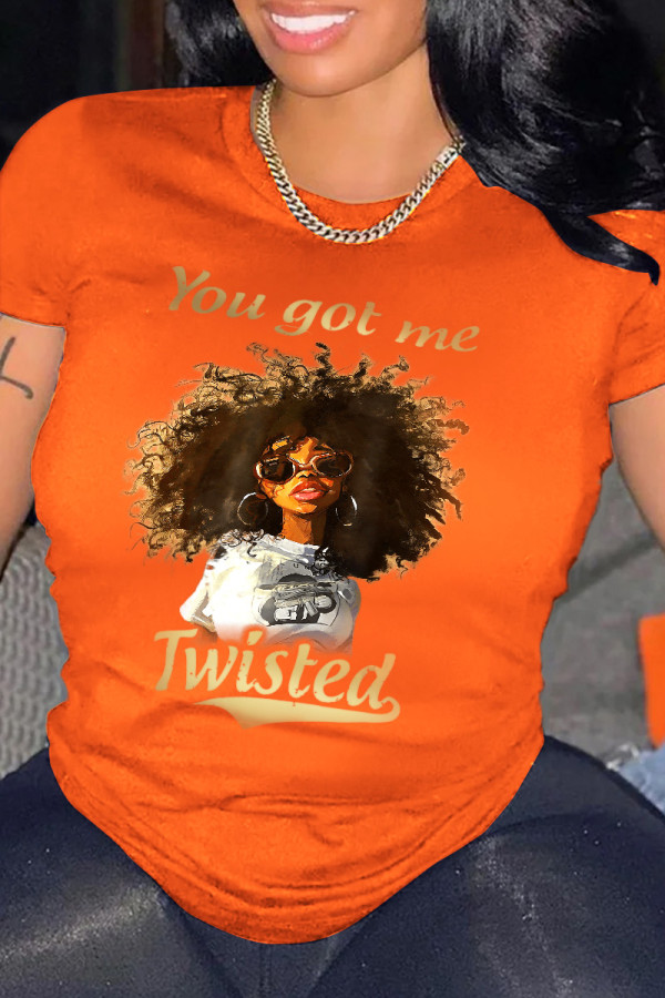 Orange Casual Print Patchwork O Neck T-Shirts