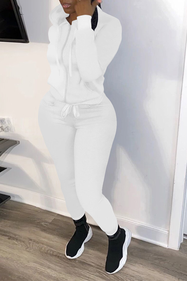 White Casual Solid Patchwork Hooded Collar Long Sleeve Two Pieces