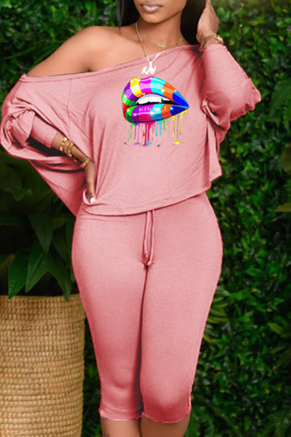 Pink Sexy Print Patchwork One Shoulder Long Sleeve Two Pieces