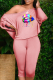 Pink Sexy Print Patchwork One Shoulder Long Sleeve Two Pieces