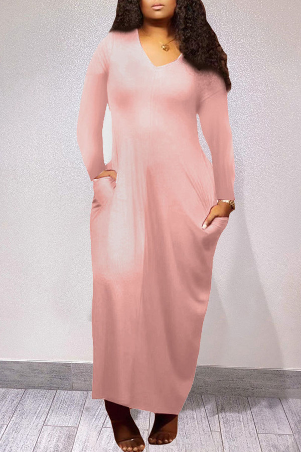 Pink Casual Solid Patchwork Pocket V Neck Long Sleeve Dresses