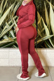 Red Fashion Casual Solid Patchwork Slit Zipper Collar Long Sleeve Two Pieces