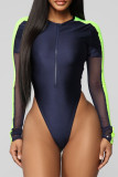 Deep Blue Sexy Solid Patchwork See-through Asymmetrical Zipper Collar Long Sleeve Two Pieces