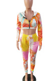 Red Casual Print Tie Dye Patchwork Zipper Hooded Collar Long Sleeve Two Pieces
