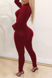 Burgundy Sexy Solid Patchwork Half A Turtleneck Skinny Jumpsuits