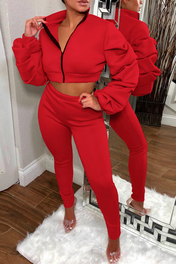 Red Casual Solid Patchwork Turndown Collar Long Sleeve Two Pieces