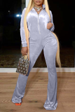 Coffee Casual Solid Patchwork Turndown Collar Boot Cut Jumpsuits