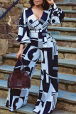 Red Casual Print Patchwork V Neck Straight Long Sleeve Jumpsuits (Contain The Belt)