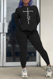 Black Casual Print Patchwork O Neck Long Sleeve Two Pieces