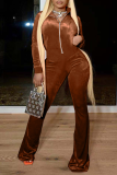 Coffee Casual Solid Patchwork Turndown Collar Boot Cut Jumpsuits