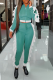 Mint green Casual Solid Flounce Zipper Collar Long Sleeve Two Pieces