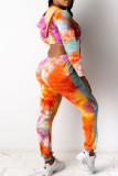 Red Casual Print Tie Dye Patchwork Zipper Hooded Collar Long Sleeve Two Pieces