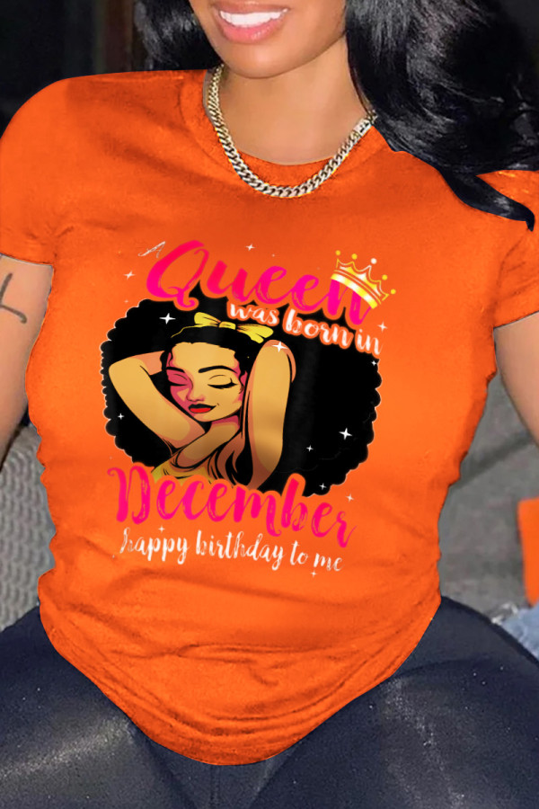 Orange Casual Print Patchwork O Neck T-Shirts