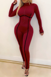 Burgundy Sexy Solid Patchwork Half A Turtleneck Skinny Jumpsuits