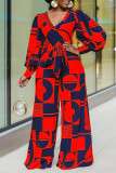 Red Casual Print Patchwork V Neck Straight Long Sleeve Jumpsuits (Contain The Belt)