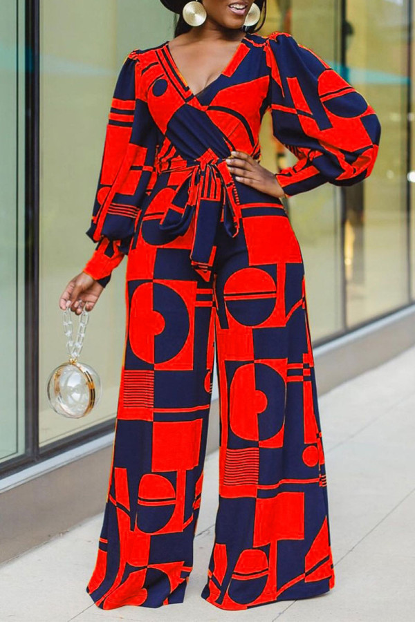 Red Casual Print Patchwork V Neck Straight Long Sleeve Jumpsuits (Contain The Belt)