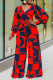 Red Casual Print Patchwork V Neck Straight Long Sleeve Jumpsuits (Contain The Belt)