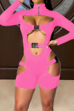Pink Sexy Solid Patchwork See-through Zipper Collar Skinny Rompers