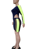 Deep Blue Sexy Solid Patchwork See-through Asymmetrical Zipper Collar Long Sleeve Two Pieces