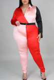 Red Casual Solid Patchwork Contrast Turndown Collar Long Sleeve Two Pieces