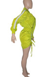 Fluorescent Green Casual Solid Patchwork Draw String Pocket Frenulum Fold Zipper Collar Straight Rompers
