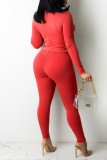 Red Fashion Casual Solid Bandage Turndown Collar Long Sleeve Two Pieces