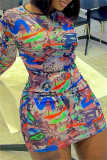 Colour Fashion Casual Print Basic O Neck Long Sleeve Dresses pre-sale