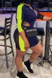Deep Blue Sexy Solid Patchwork See-through Asymmetrical Zipper Collar Long Sleeve Two Pieces