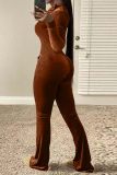 Coffee Casual Solid Patchwork Turndown Collar Boot Cut Jumpsuits