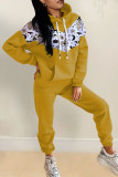 Earth Yellow Casual Print Split Joint Hooded Collar Long Sleeve Two Pieces