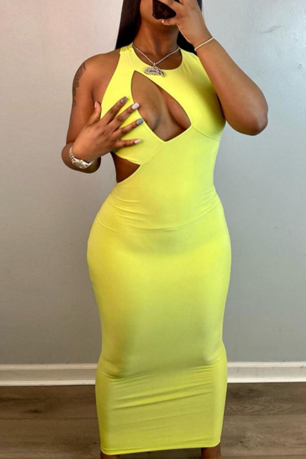 Yellow Sexy Solid Hollowed Out Patchwork O Neck Pencil Skirt Dresses