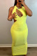 Yellow Sexy Solid Hollowed Out Patchwork O Neck Pencil Skirt Dresses