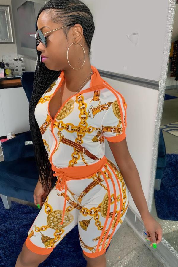 Orange Casual Fashion Bandage Geometric Two Piece Suits Zippered Regular Two-Piece Short Set