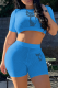 Light Blue Casual Print Hot Drill O Neck Short Sleeve Two Pieces