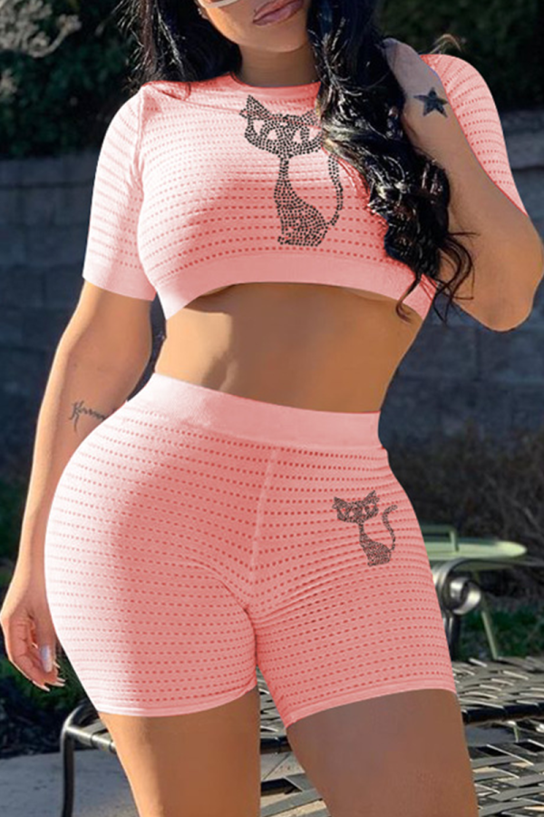 Pink Casual Print Hot Drill O Neck Short Sleeve Two Pieces