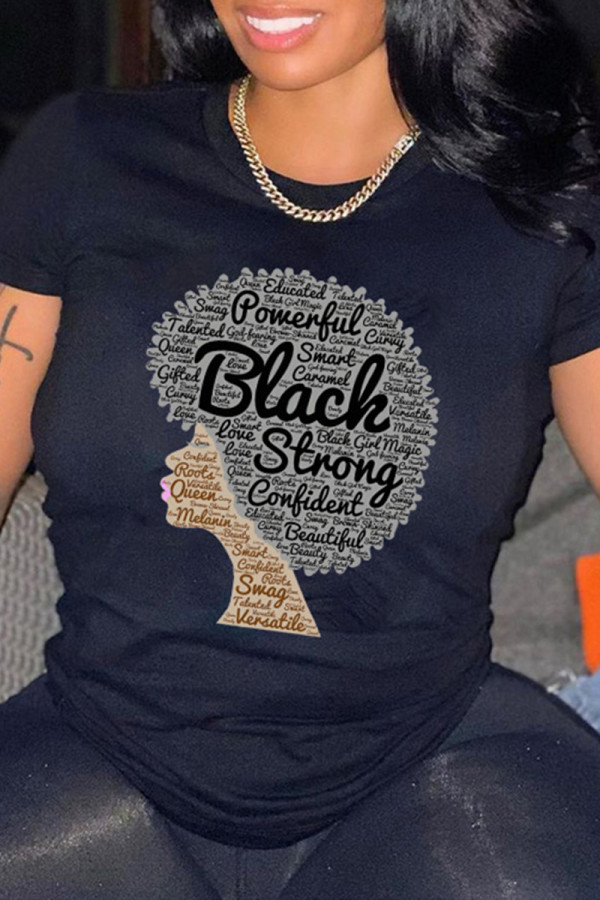 Black Fashion Casual Print Basic O Neck T-Shirts