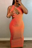Yellow Sexy Solid Hollowed Out Patchwork O Neck Pencil Skirt Dresses
