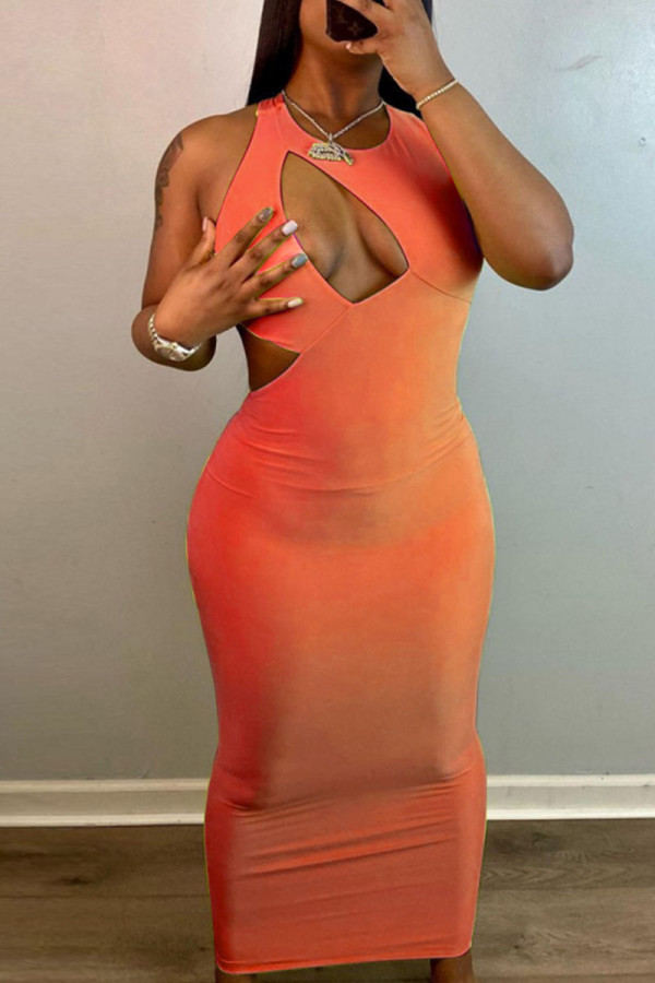 Tangerine Red Sexy Solid Hollowed Out Patchwork O Neck Pencil Skirt Dresses
