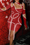 Red Sexy Solid Hollowed Out Half A Turtleneck Pencil Skirt Dresses